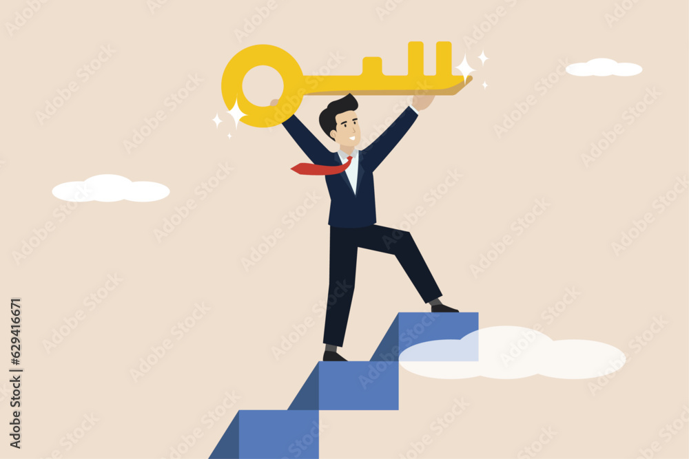 Key to business success, ladder to find secret key or reach career target concept of smart entrepreneur getting key of success at top end of ladder.