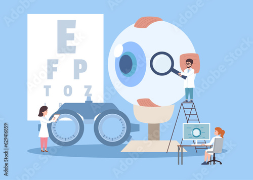 Tiny doctors and huge eye and check devices flat style, vector illustration
