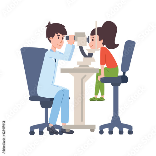 Man ophthalmologist checking child's eyesight with special device flat style