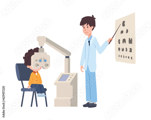 Young ophthalmologist man checks child's eyesight with special device flat style