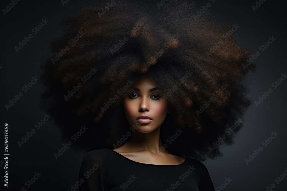 Stylish fictional black woman close-up portrait for a hair salon. Beautiful afro hairstyle, isolated on a plain background. Generative AI. Stylish fictional black woman close-up portrait for a hair salon. Beautiful afro hairstyle, isolated on a plain background. Generative AI.