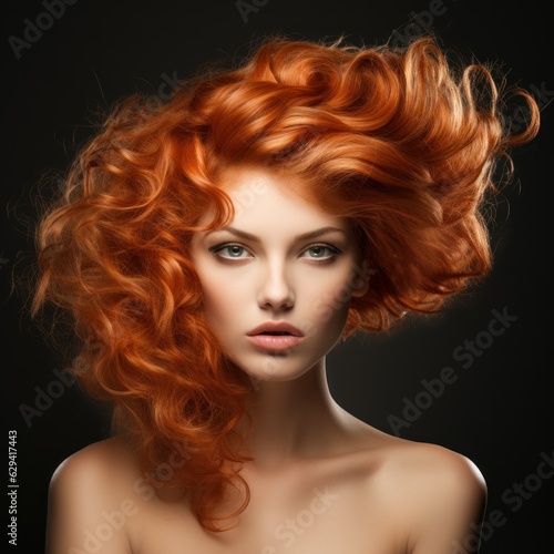 Stylish fictional redhead woman close-up portrait for a hair salon. Beautiful hairstyle, isolated on a plain background. Generative AI.