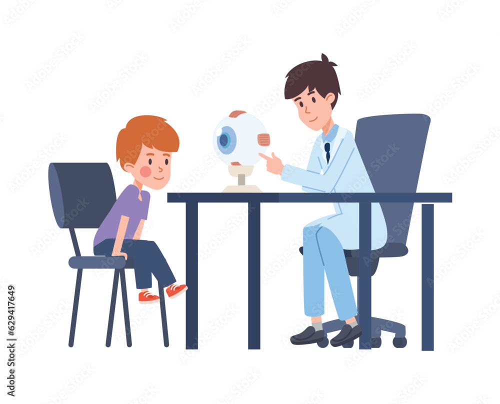 Doctor ophthalmologist explains anatomy to child on large artificial eye, ophthalmology education vector illustration Doctor ophthalmologist explains anatomy to child on large artificial eye, ophthalmology education vector illustration