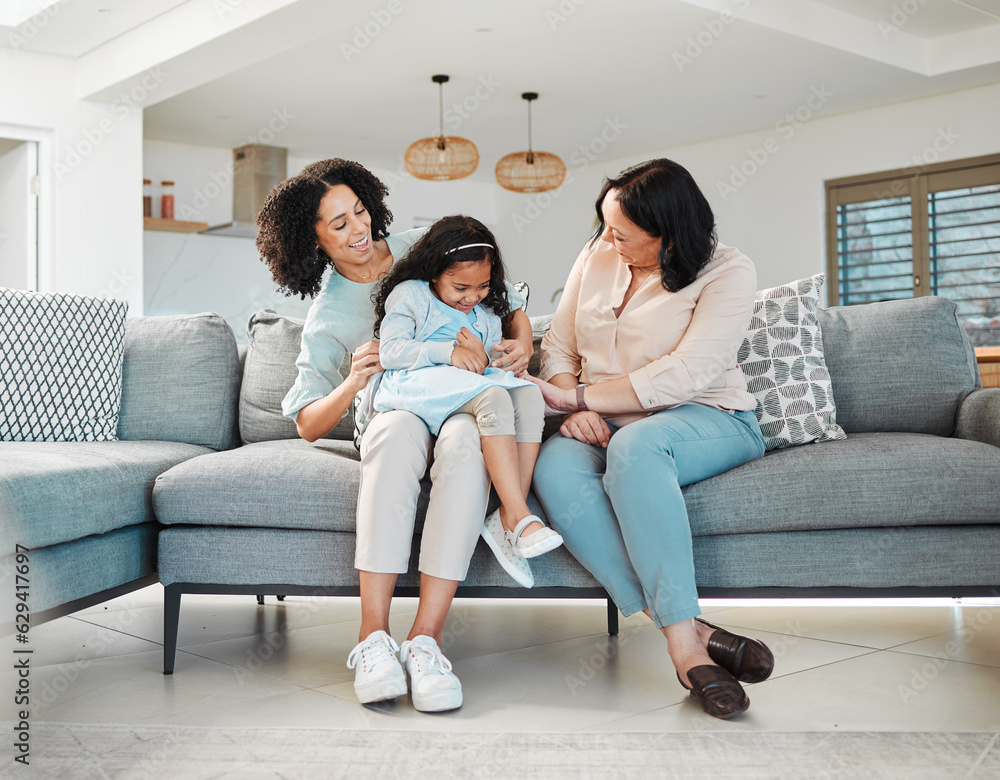 Funny, tickling and mother with kid, grandmother and bonding together in home. Love, happy and mom with grandma, girl and child on sofa in lounge, play game and laughing with family on couch in house Funny, tickling and mother with kid, grandmother and bonding together in home. Love, happy and mom with grandma, girl and child on sofa in lounge, play game and laughing with family on couch in house