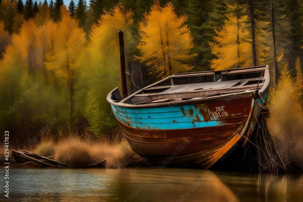 the silence of the early morning, a photo reveals an old rusty fishing boat resting on the slope along the lake's serene shore generative ai technology
