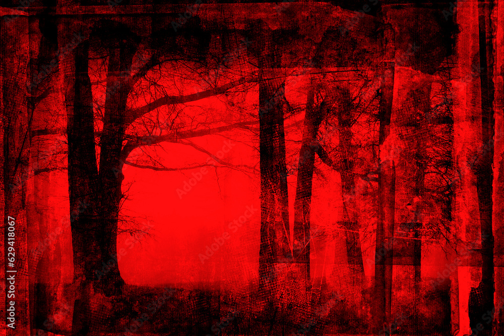 Glow of a forest fire. Wildfire. Bushfires. Burning trees in the forest. Old paper grunge texture. Abstract illustration