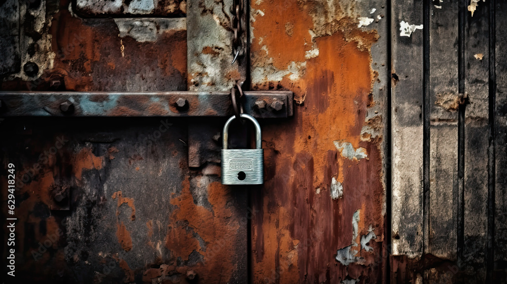Rusty Metal Padlock on Old Warehouse Door Rusty Metal Padlock on Old Warehouse Door