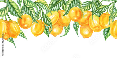 Watercolor lemons endless seamless horizontal border. Yellow citrus fruits on branches with leaves and flowers. Mediterranean style background