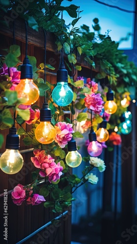 vertical abstract background of festive fairylight with flower in night time, Generative Ai photo