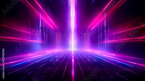Psychedelic Abstract Futuristic Neon. Fluorescent Sci Fi. Glow Laser Showcase Stage Dark Room. Retro Modern