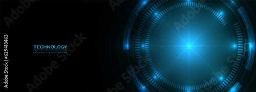 Blue abstract digital technology circle interface wide vector background.