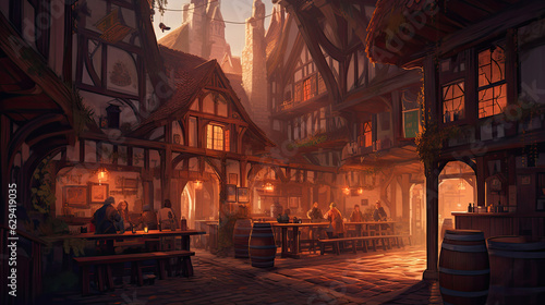Medieval tavern at sunset - Illustration featuring generative AI