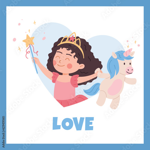 Squared banner with happy kid girl in princess costume holding unicorn soft toy
