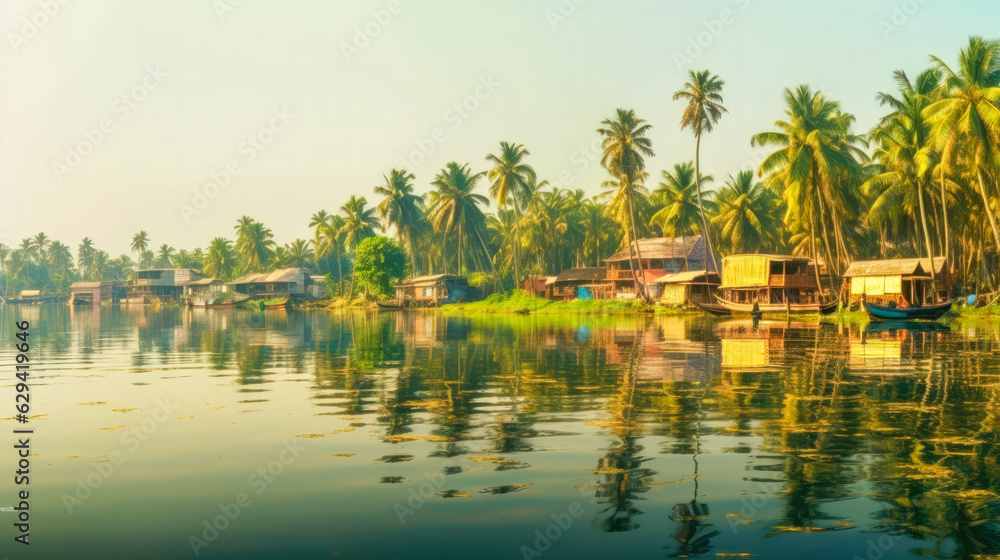 Kerala Tourism A Hazy and Beautiful River Scene with Thatched Houseboats and Palm Trees AI Generated