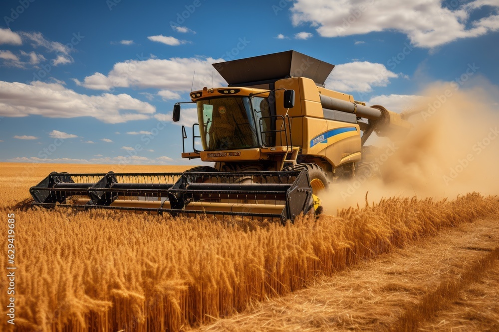 Fototapeta premium Combine Harvester In Action During The Harvest Time, Generative AI