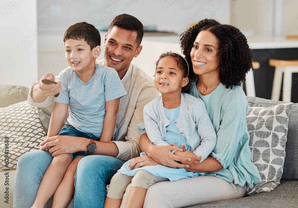 Remote, relax or happy family watching tv film, movie or streaming online video, multimedia dvd or cable. Living room sofa, kids cartoon show or home people watch television, series or change channel Remote, relax or happy family watching tv film, movie or streaming online video, multimedia dvd or cable. Living room sofa, kids cartoon show or home people watch television, series or change channel