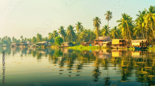 Kerala Tourism A Hazy and Beautiful River Scene with Thatched Houseboats and Palm Trees AI Generated photo