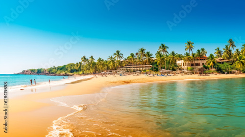 Tropical Paradise A Sunny Day on the Beach with Palm Trees and White Resort in Goa India AI Generated photo