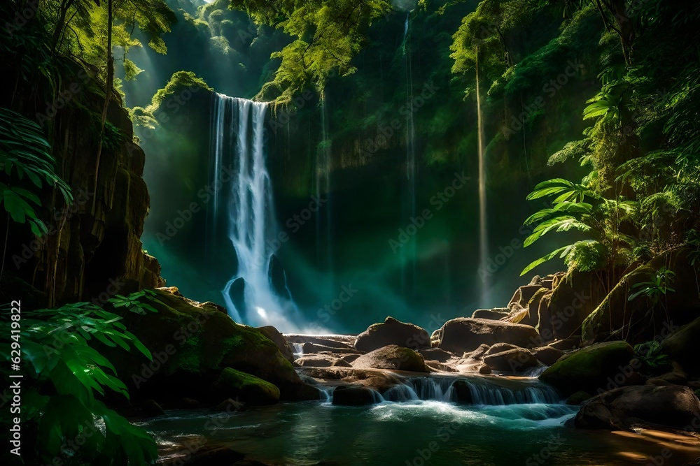 A mesmerizing waterfall nestled in the heart of a lush rainforest, surrounded by ancient trees adorned with vibrant green foliage generative ai technology
