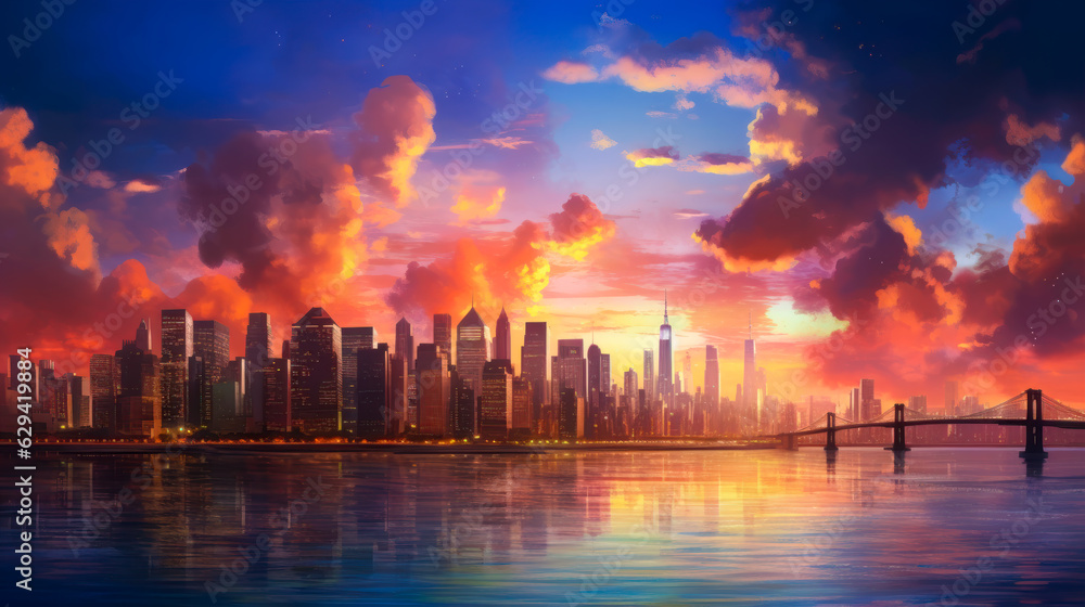 Cityscape Art A Vibrant and Peaceful Illustration of a City with Sunset and Reflection AI Generated