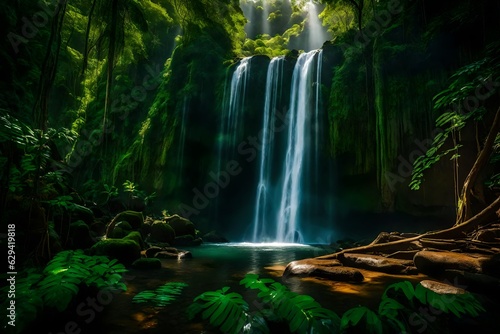 A mesmerizing waterfall nestled in the heart of a lush rainforest  surrounded by ancient trees adorned with vibrant green foliage generative ai technology 