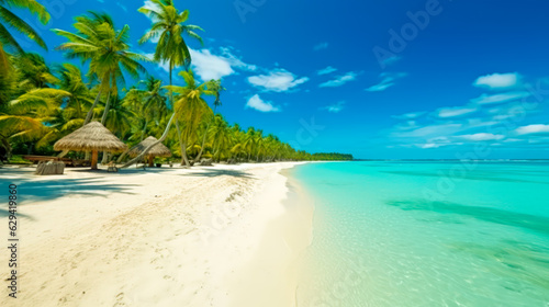 Exotic Vacation Destination A Beautiful Tropical Landscape with Thatched Huts and Coconut Trees AI Generated