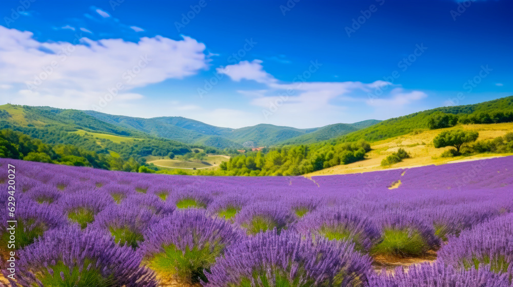 Obraz premium Purple Lavender Flowers in Green Hills and Trees Blooming Lavender Field in Warm and Peaceful Scene AI Generated