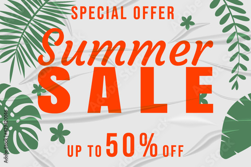 Summer Sale glued paper with wrinkles effect realistic banner tropical colorful plants