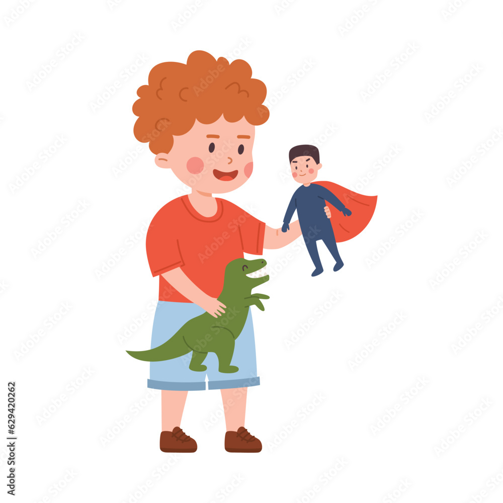 Happy ginger boy holding superman and dragon toy, kid plays with favorite toy, best friends cartoon vector illustration Happy ginger boy holding superman and dragon toy, kid plays with favorite toy, best friends cartoon vector illustration