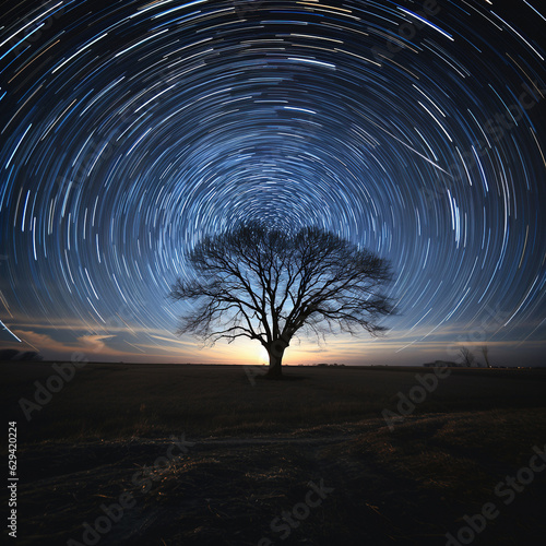 Star trails around celestial pole and nature silhouettes. Created with generative AI technology.