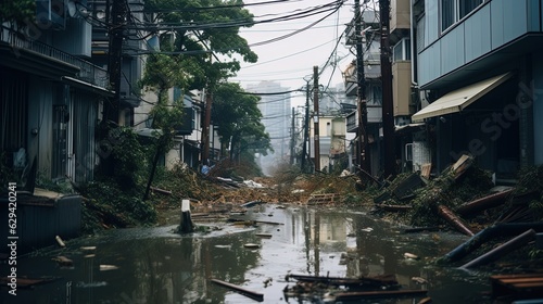 water flood in Asian urban cityscape, Generative Ai