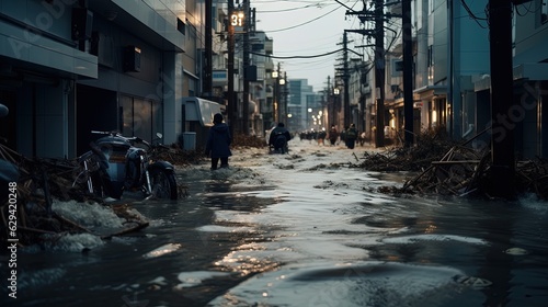 water flood in Asian urban cityscape  Generative Ai