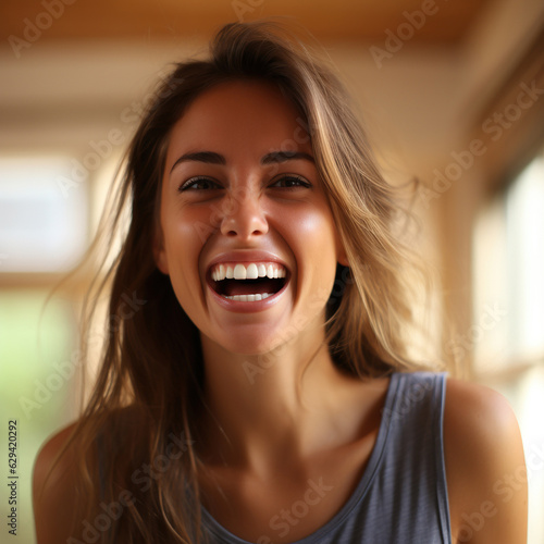 Happy woman with tootky smile. Created with generative AI technology.