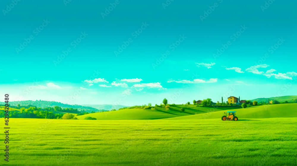 Farming on a Sunny Day A Vibrant and Natural Scenery with a Small House and a Blue Sky AI Generated