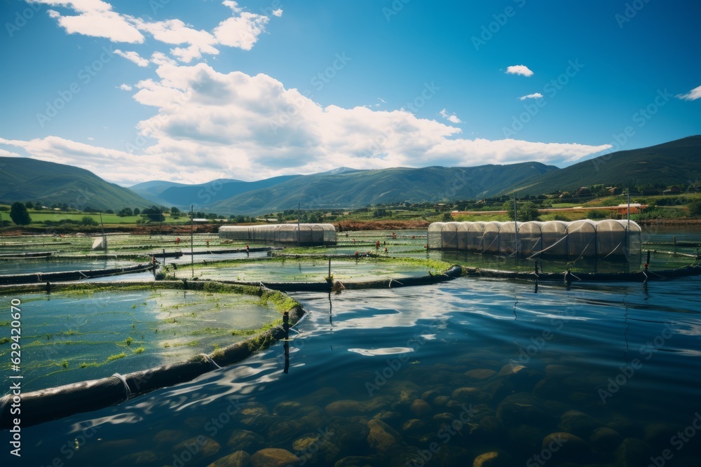 Fototapeta premium Fish Farm With Fishponds And Nets, Generative AI
