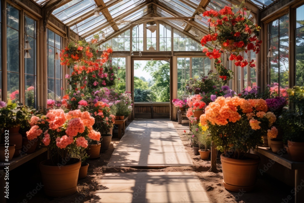 Greenhouse Filled With Vibrant Flowers, Generative AI