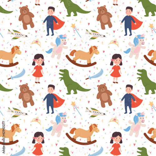 Seamless pattern with kids and various toys flat style, vector illustration