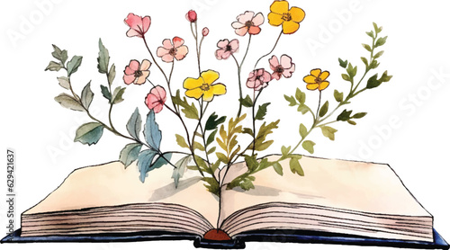 Tela Vector watercolor painting of flowers growing from an old open book, hand-painted isolated on a white background