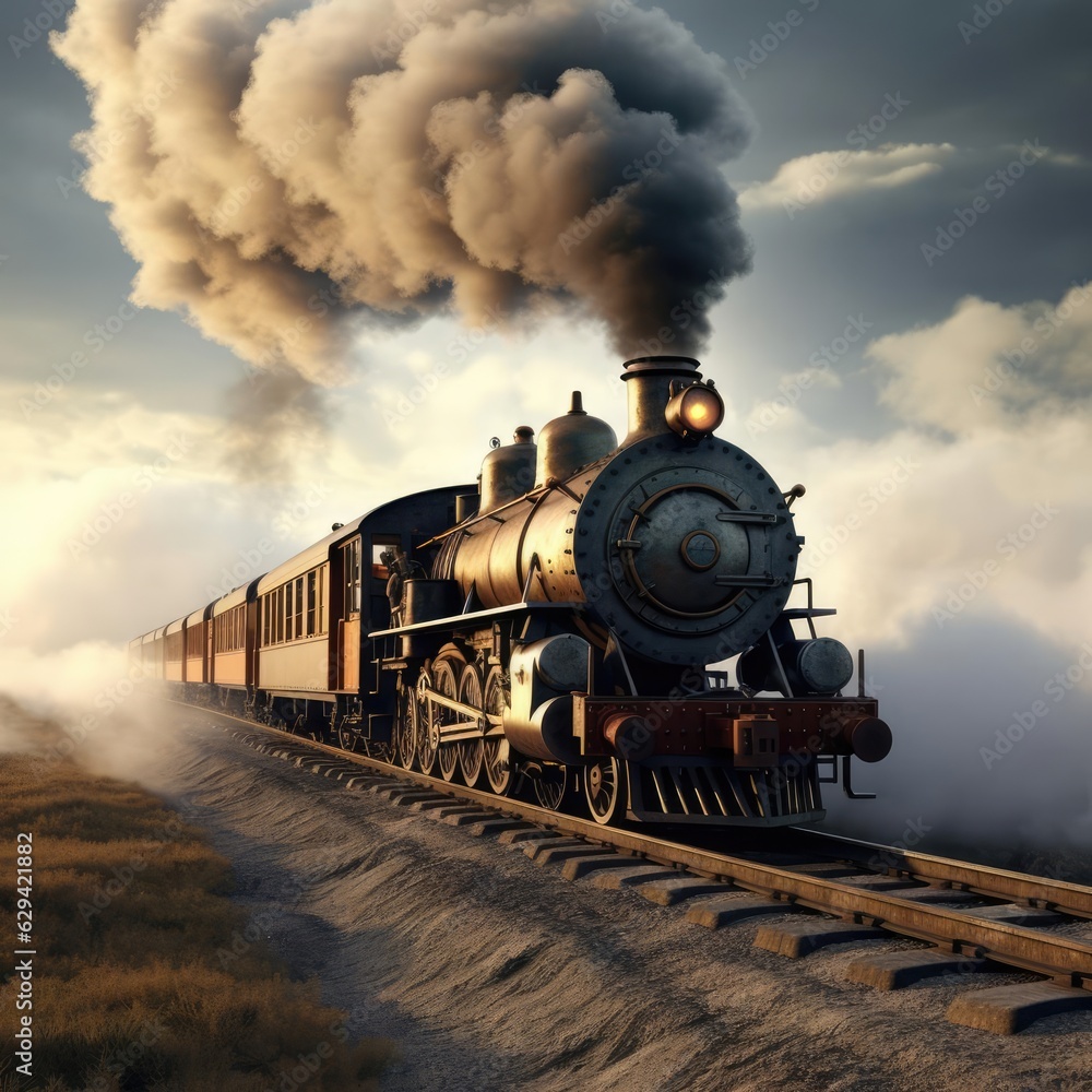 The steam train travels in the evening