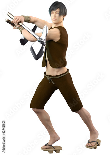 3D Asian man with axes