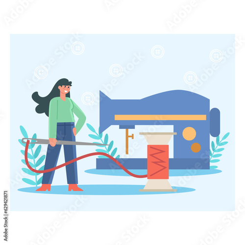 Woman holds needle and thread and stands near large sewing machine. Young female holds needle and ready to sew detail. Home sewing concept. Flat vector illustration in cartoon style in blue colors