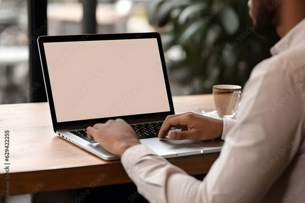 Close up back view of a young business man working on show blank or empty white screen, hands typing laptop computer at office desk. Hand typing laptop keyboard with office table blur background. Close up back view of a young business man working on show blank or empty white screen, hands typing laptop computer at office desk. Hand typing laptop keyboard with office table blur background.