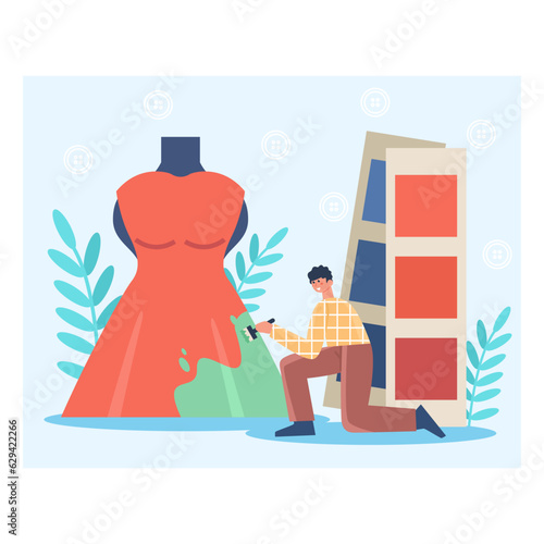 Man holding brush and paints dress in different color. Finished fabric dyeing. Manufacturing process and selection of colors for fabric. Flat vector illustration in cartoon style
