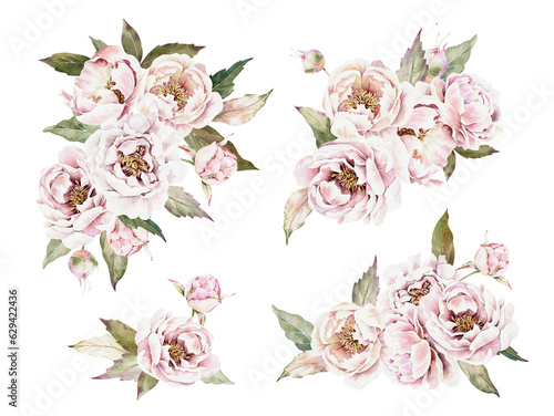 Watercolor set of pink peonies, buds, green leaves. Collection of flower bouquets. Hand drawn illustration isolated on white background. Wedding, birthday, greeting card design.