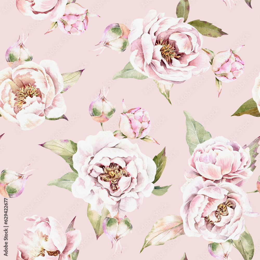 Watercolor floral seamless pattern. Flowers, pink peonies, buds, green leaves, bouquets. Hand drawn illustration on pink background. Wedding, birthday, card, textile, wrapper, botanical design.