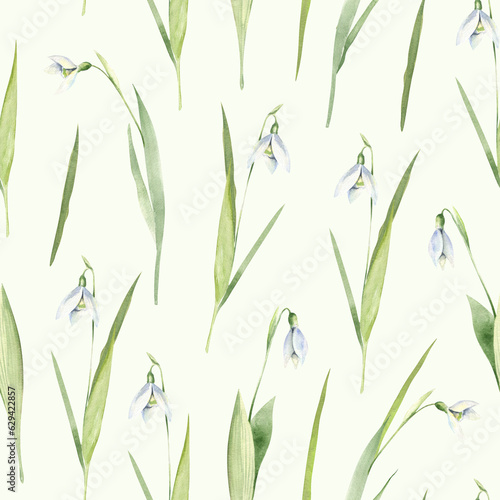 Watercolor floral seamless pattern with snowdrops. Hand drawn illustration on light green background. Wedding  birthday  card  textile  wrapper  botanical design  spring print.