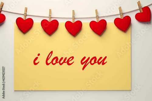 Note paper with i love you text, love shape paper ornament with thread and wooden clasps on white wall background