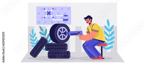 Man holding tool and replaces parts in car wheel. Mechanic changing wheel, using pneumatic wrench. Tire fitting service. Flat vector illustration in cartoon style in blue colors
