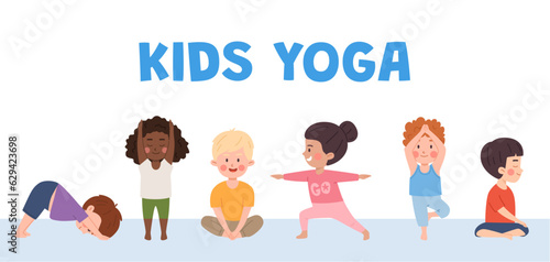 Children in yoga poses poster, little kids doing yoga exercise vector set illustration downward dog, butterfly, mountain