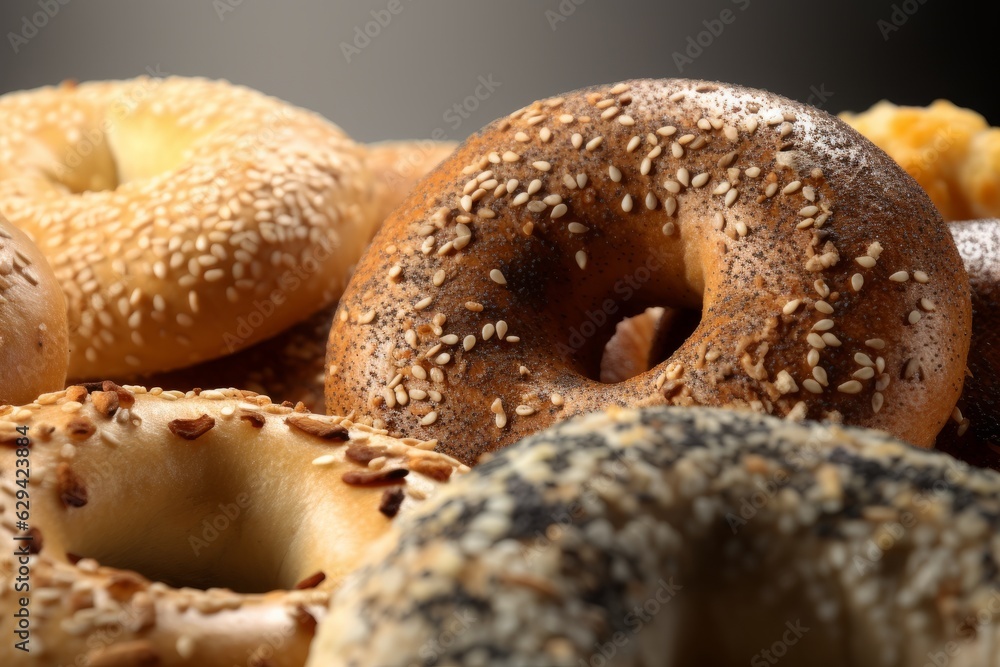 Delicious bagels with sesame seeds on dark background, closeup